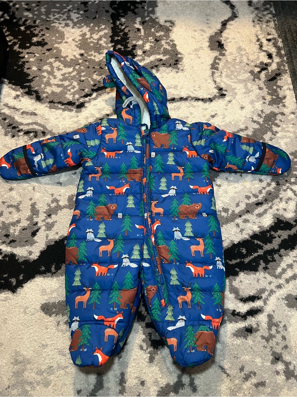 Blue Woodland Animals Puffer One-Piece Snowsuit for Kids